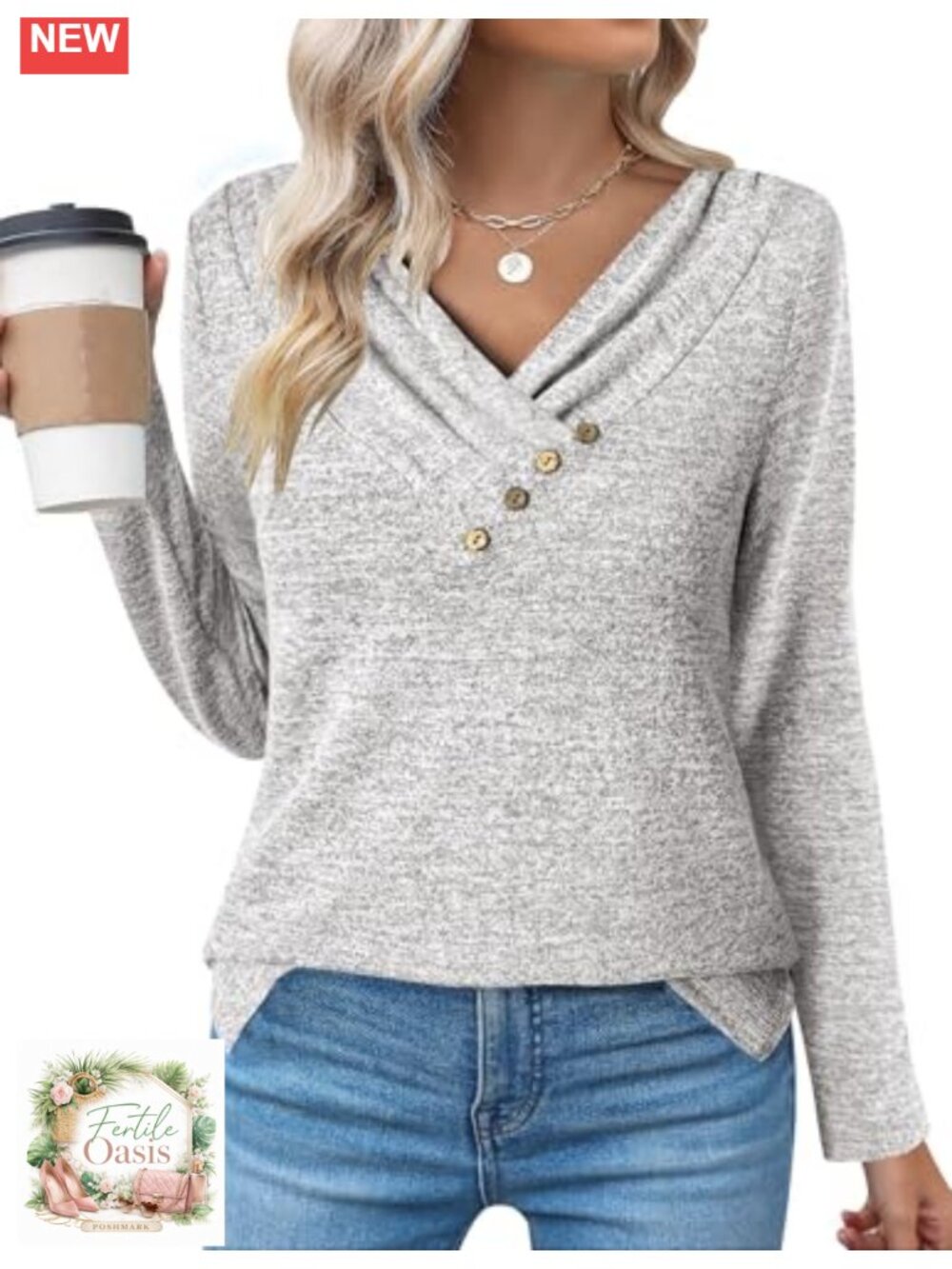 Womens Casual Tunic Top Long Sleeve V-Neck Button Loose Pullover Blouse Fall